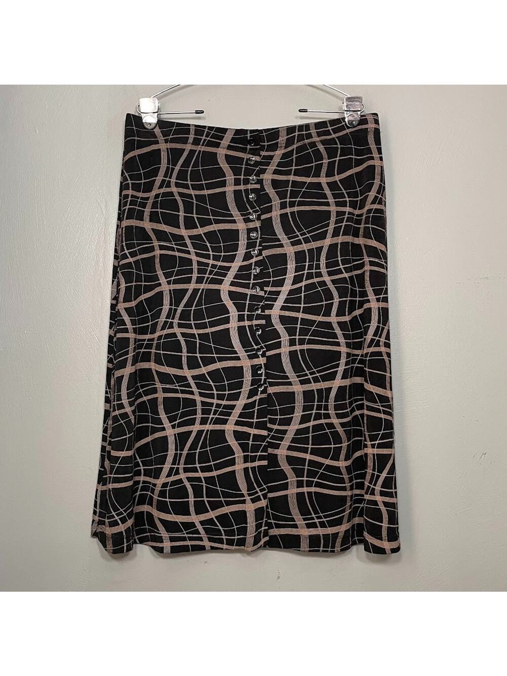 Briggs Midi Button Skirt Size XL Black Tan Stretch Slinky Abstract Artsy Travel